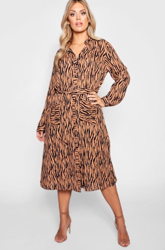 Plus Tiger Printed Shirt Midi Dress