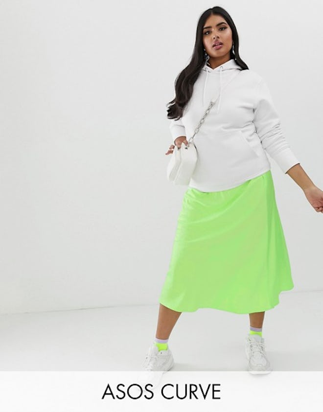 ASOS DESIGN Curve Bias Cut Satin Slip Midi Skirt In Neon