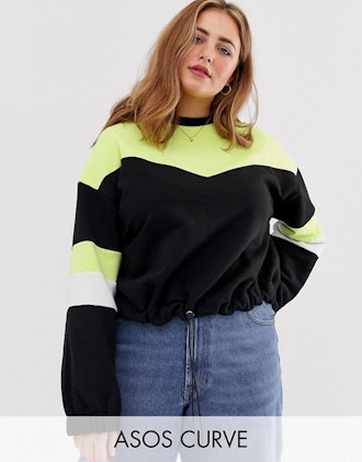 ASOS DESIGN Curve Sweatshirt In Neon Colour Block With Drawstring Hem