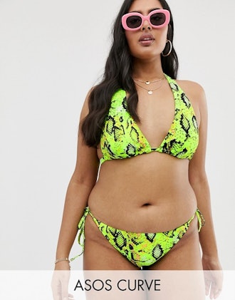 ASOS DESIGN Curve Mix And Match Halter Triangle Bikini Top In Neon Snake