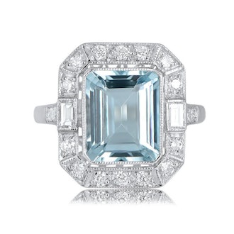 Estate Diamond Jewelry Aquamarine, Diamond Halo and Platinum Engagement Ring
