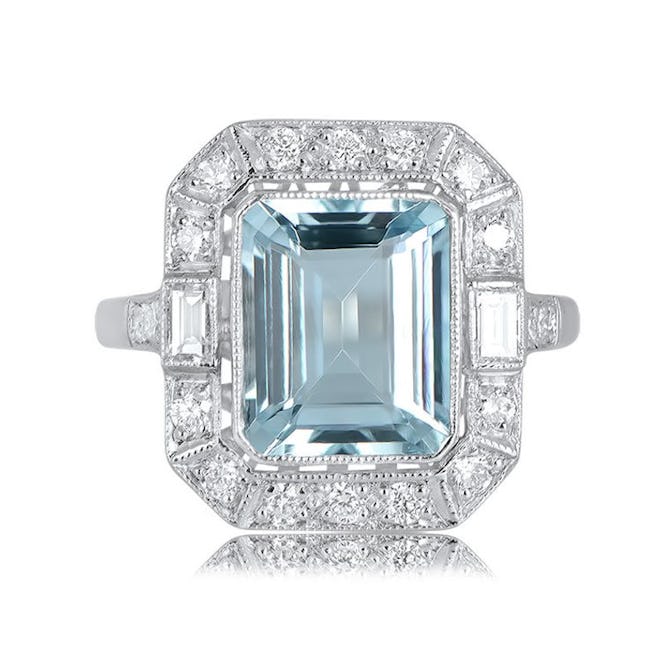 Estate Diamond Jewelry Aquamarine, Diamond Halo and Platinum Engagement Ring