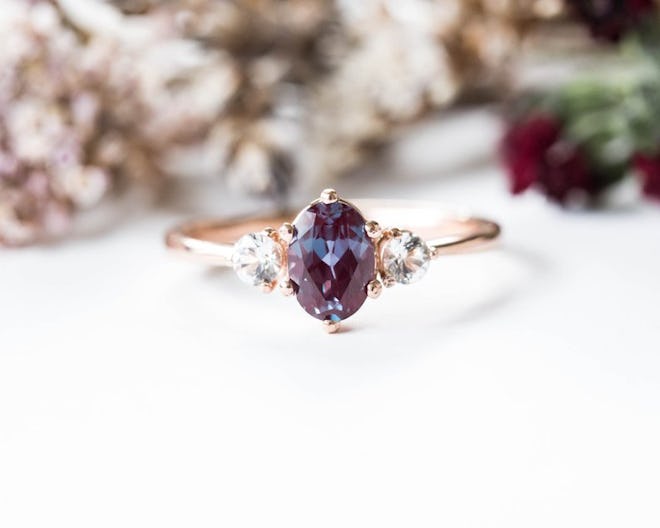 Oore Alexandrite Sapphire Three stone 14k Gold Engagement Ring