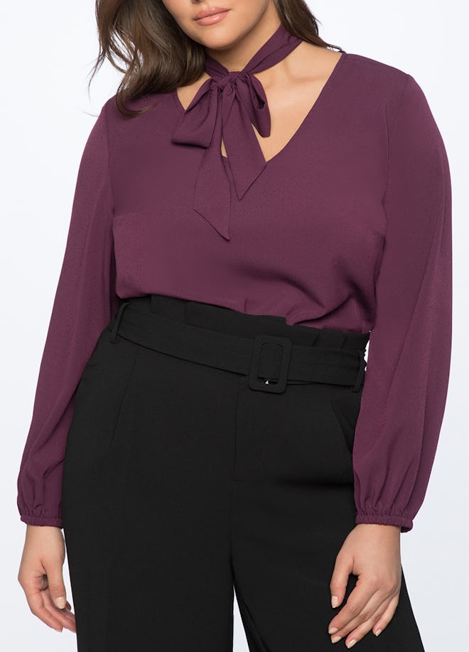 Tie Neck Top With Puff Sleeve