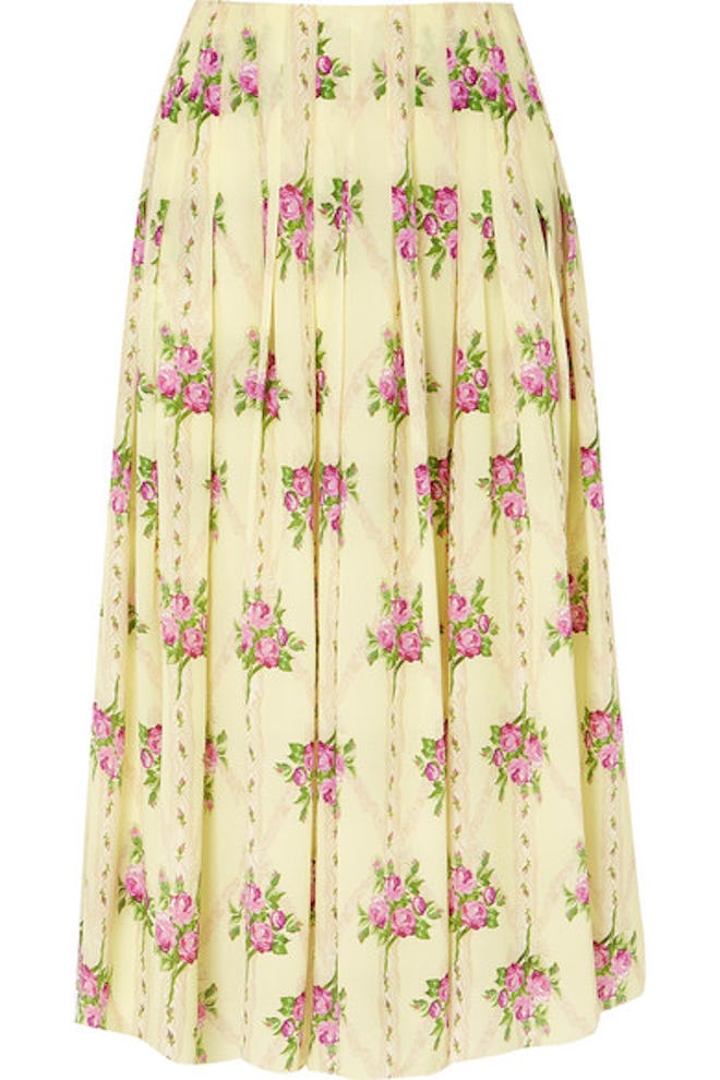 Pleated Floral-Print Silk Crepe De Chine Midi Skirt