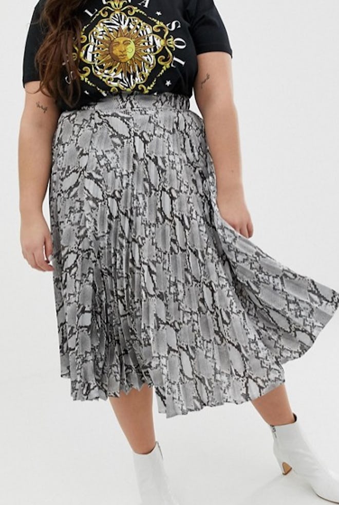Pleated Satin Midi Skirt in Gray Snake Print