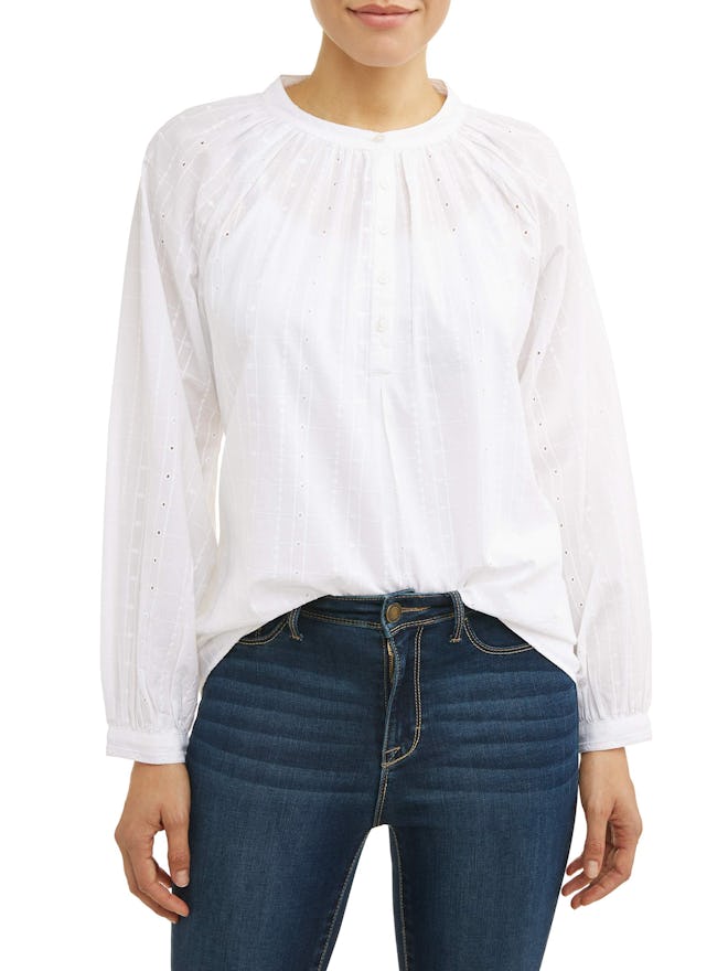Time and Tru  Women's Woven Eyelet Popover Top