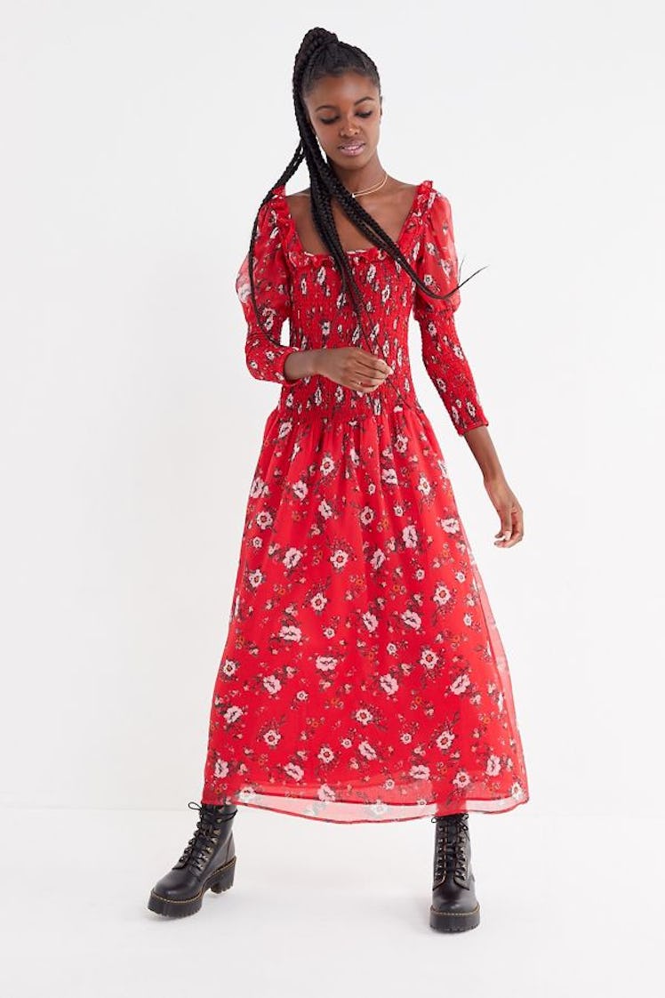 UO Greta Floral Smocked Puff Sleeve Maxi Dress