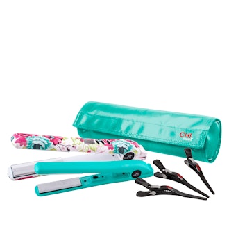 CHI Floral Pink Smart GEMZ 1" Flat Iron & Travel Iron w/Clips and Bag