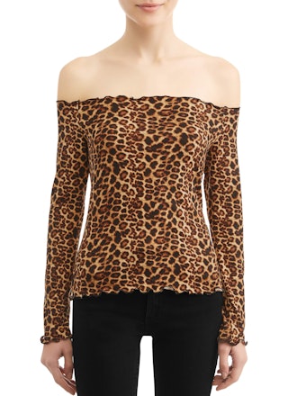 Poof Apparel Juniors' Leopard Print Off the Shoulder T-Shirt