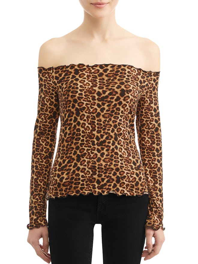 Poof Apparel Juniors' Leopard Print Off the Shoulder T-Shirt