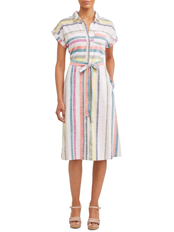Time and Tru  Women's Belted Midi Shirt Dress with Pocket