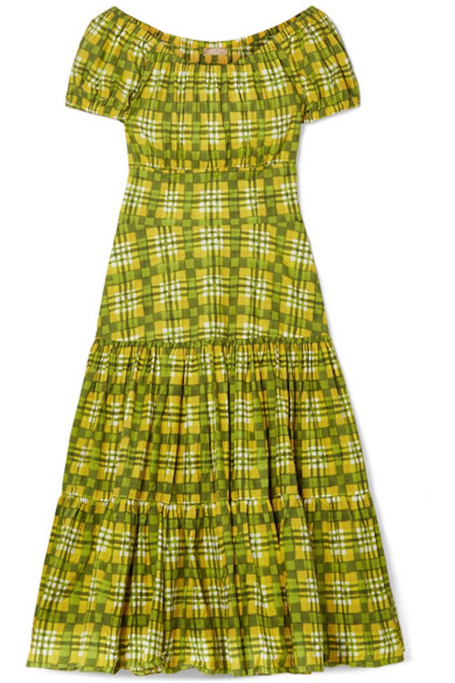 Off-The-Shoulder Checked Tiered Cotton-Poplin Midi Dress
