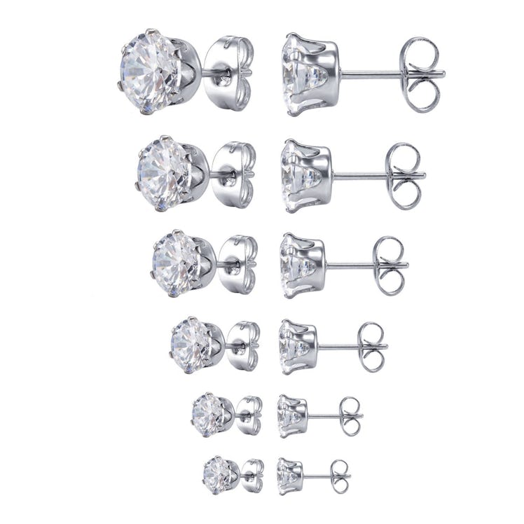 Jstyle Stainless Steel Cubic Zirconia Stud Earrings (6 Pairs)