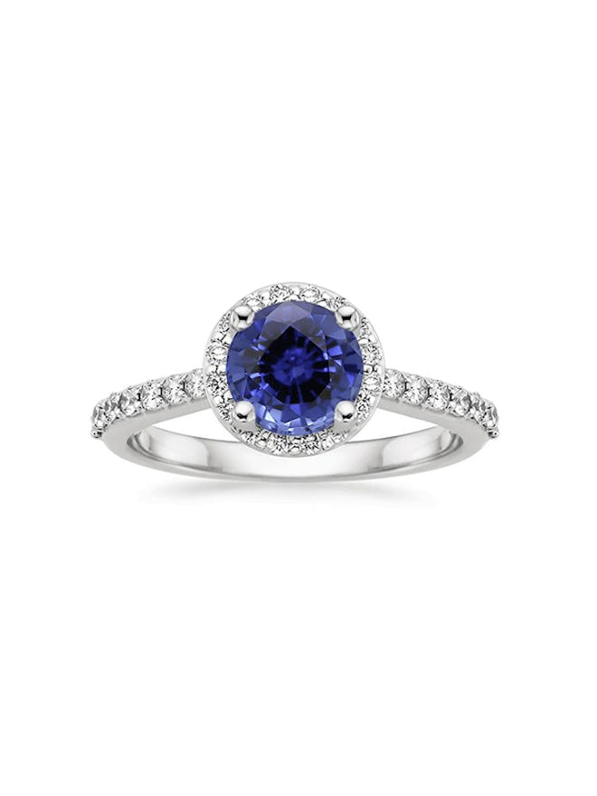 Sapphire Halo Diamond Ring with Side Stones