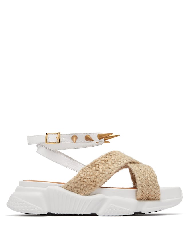 Raffia-Trimmed Studded Rubber Sole Sandals