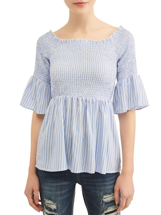 Crave Fame Juniors' Striped Smocked Bell Sleeve Babydoll Blouse