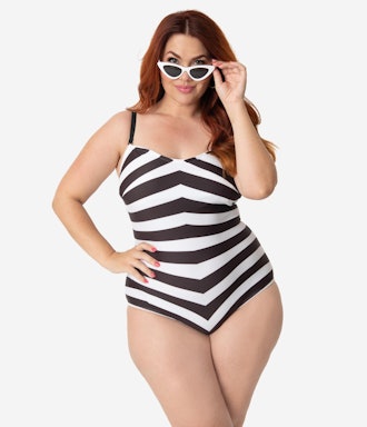 Barbie x Unique Vintage Plus Size Black & White Chevron Stripe One Piece Bathing Suit