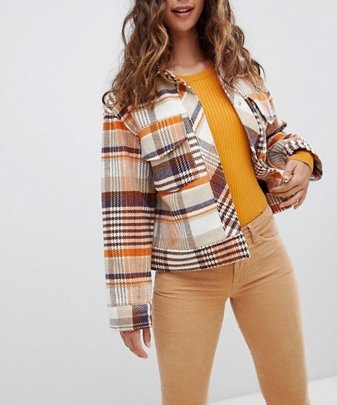 Monki Trucker Jacket In Brown Check Print