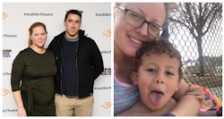 A collage of pregnant Amy Schumer posing with Chris Fischer at a red carpet and Katie Alicea taking ...