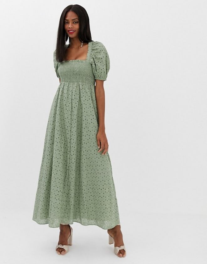 Bustier Maxi Dress With Puff Sleeve in Broderie