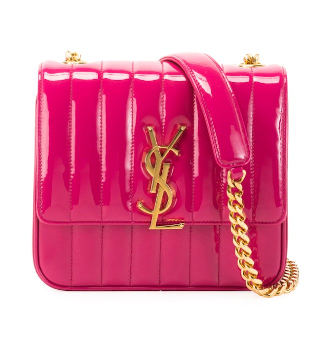 Medium YSL Monogram Patent Chain Crossbody Bag in Fuchsia