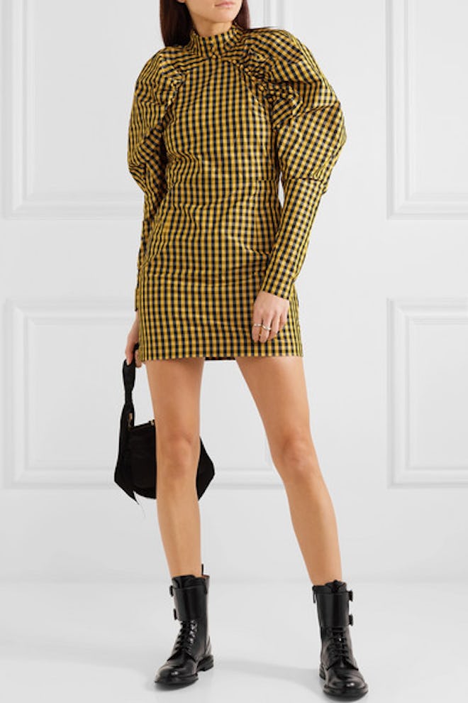 Gathered Checked Twill Mini Dress