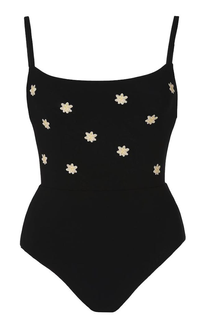 Black Square Neck One Piece with Floral Embroidery