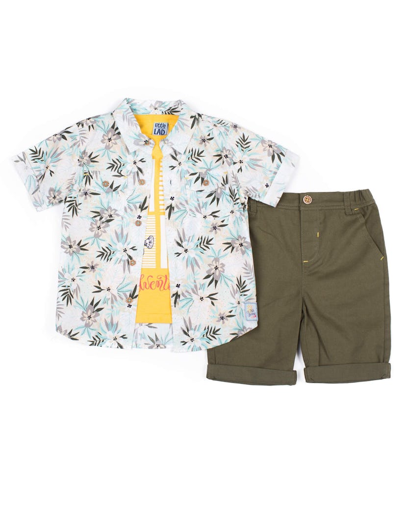 Little Lad  Short Sleeve Printed Poplin Button Up Shirt, Short Sleeve Graphic T-shirt & Drawstring T...