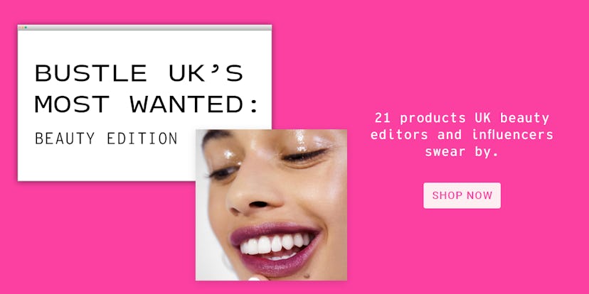 A collage of Bustle UK's Most Wanted: Beauty edition next to a smiling woman and a shop now button