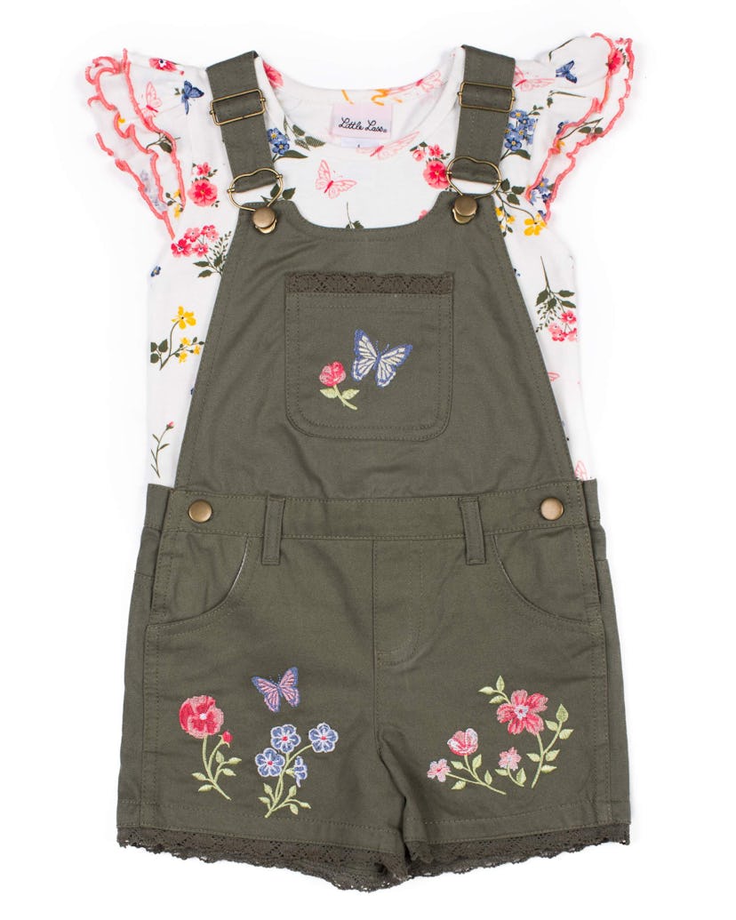 Little Lass  Floral Embroidered Shortall and Ruffle Tee, 2-Piece Outfit Set 
