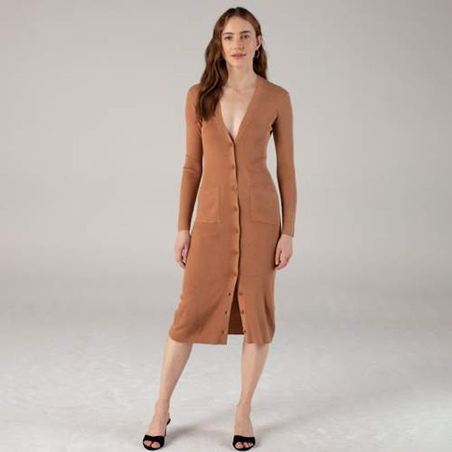 Long Sleeve Cardigan Dress Dark Ginger