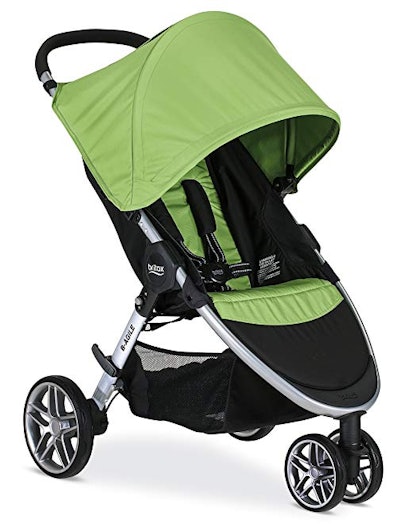 A black and green baby stroller