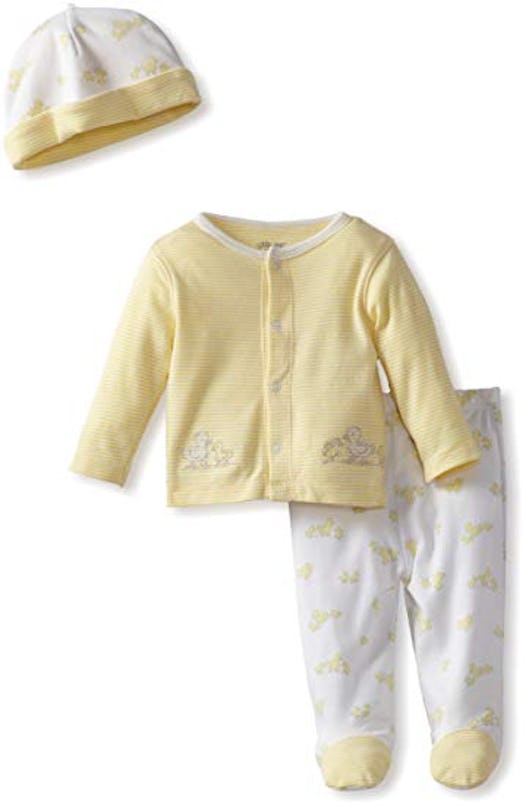 Yellow and white full baby outfit with a cap