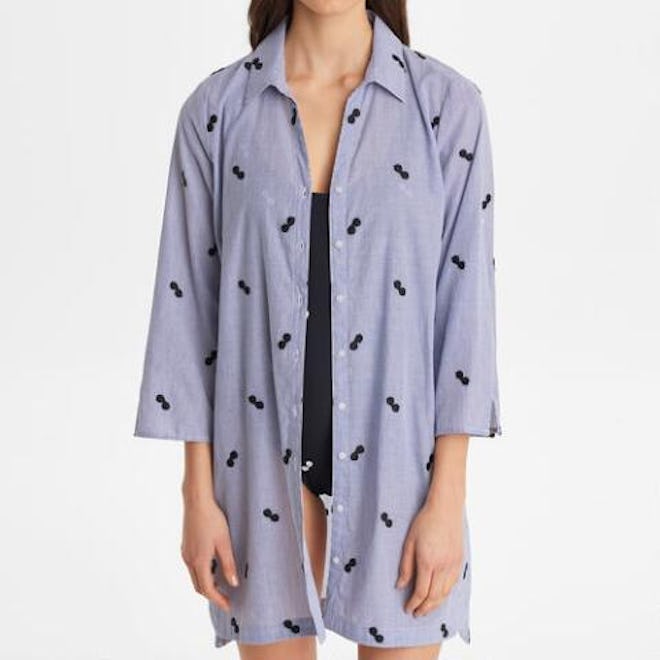 Embroidered Button Front Swim Cover Up