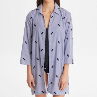 Embroidered Button Front Swim Cover Up