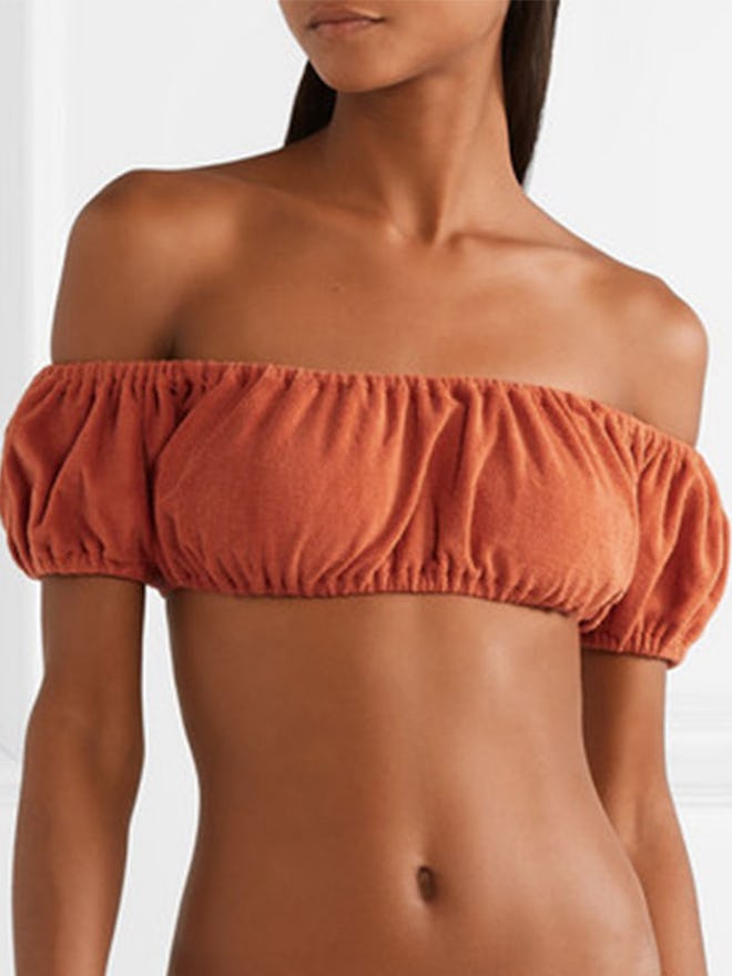 Leandra Off-The-Shoulder Ruched Cotton-Blend Terry Bikini