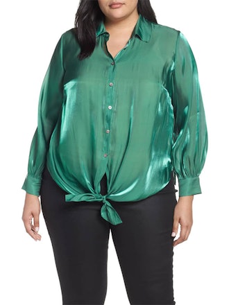 Button Down Tie Front Iridescent Blouse