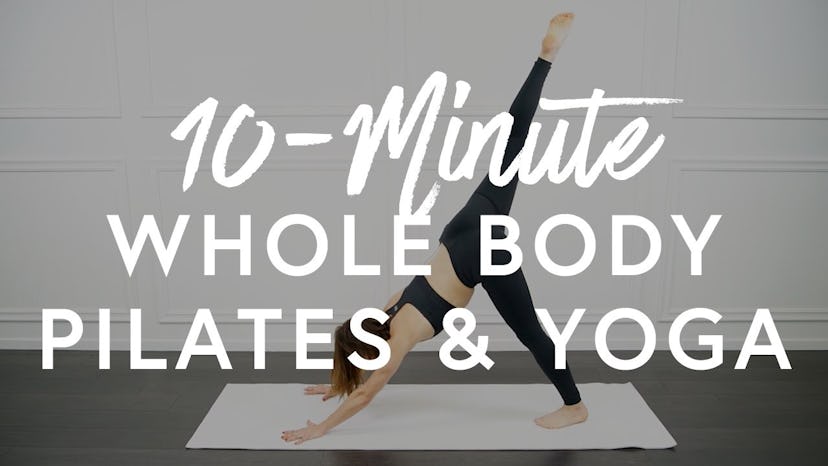 A woman in black leggings and bra doing 10-minute whole body pilates & yoga.