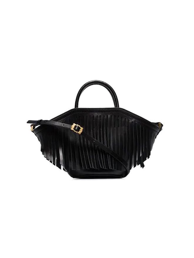 Black Small Leather Fringed Tote Bag