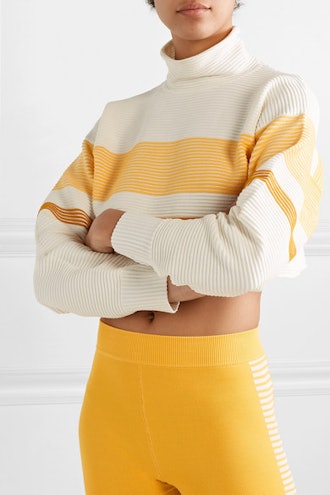 Cropped Striped Ribbed Organic Cotton Turtleneck Sweater