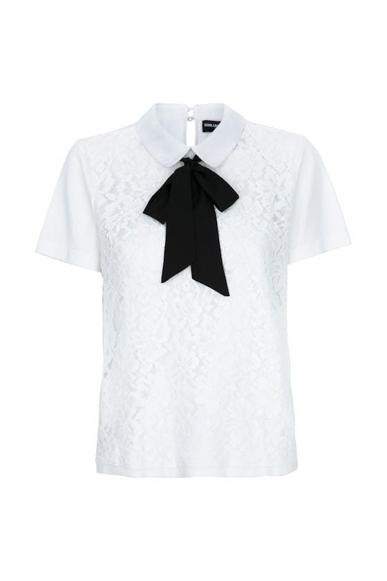 Short Sleeve Tie Collar Lace Sweater