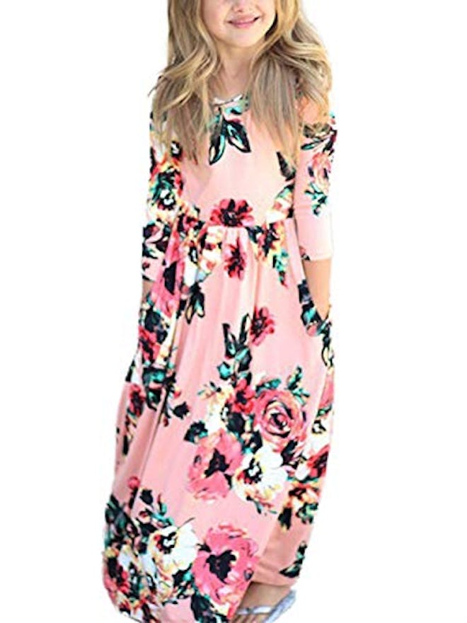 Girls 3/4 Sleeve Floral Maxi Dress