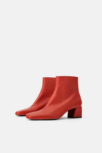 Red Leather Square Heeled Ankle Boots