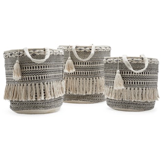 Hand Woven Macrame 3 Piece Basket Set, Natural and Black by Drew Barrymore Flower Home