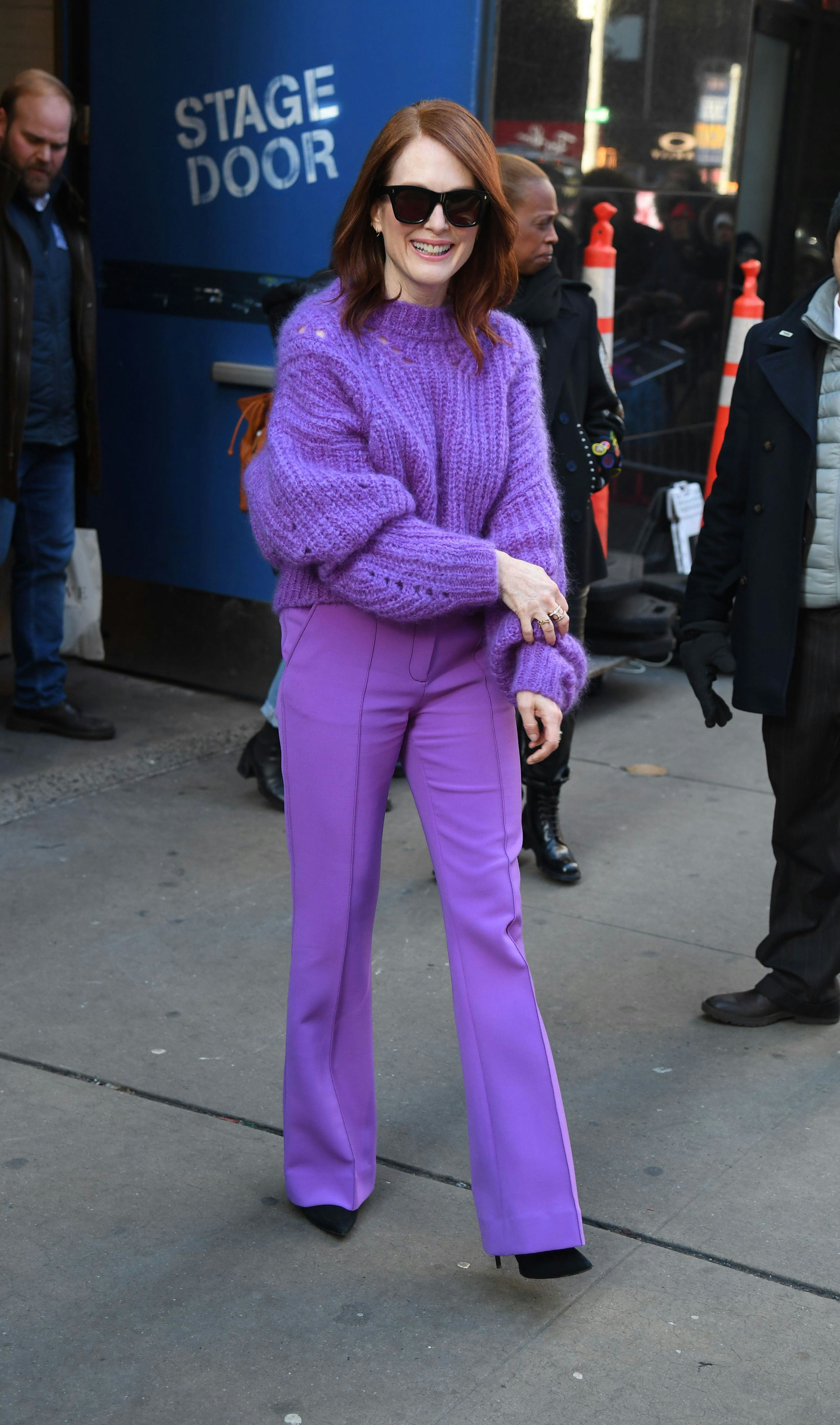 purple trousers outfit