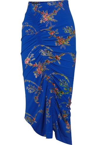 Tracy Ruched Floral-Print Stretch-Crepe Midi Skirt