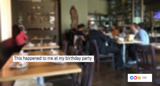 Blurry photo of a birthday party and "this happened to me at my birthday party" text
