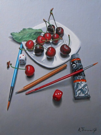 'Still Life With Cherries, Paintbrushes, and a Pencil' Painting by Alexander Titorenkov