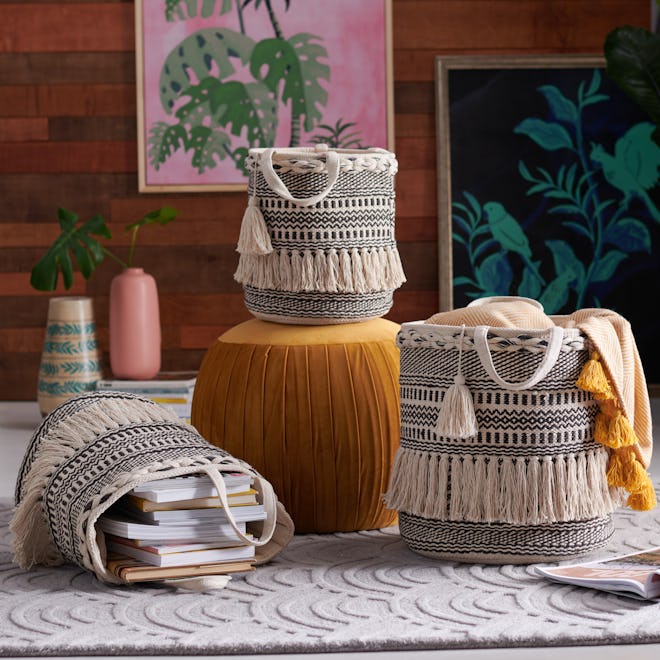 Hand Woven Macrame 3 Piece Basket Set In Natural And Black